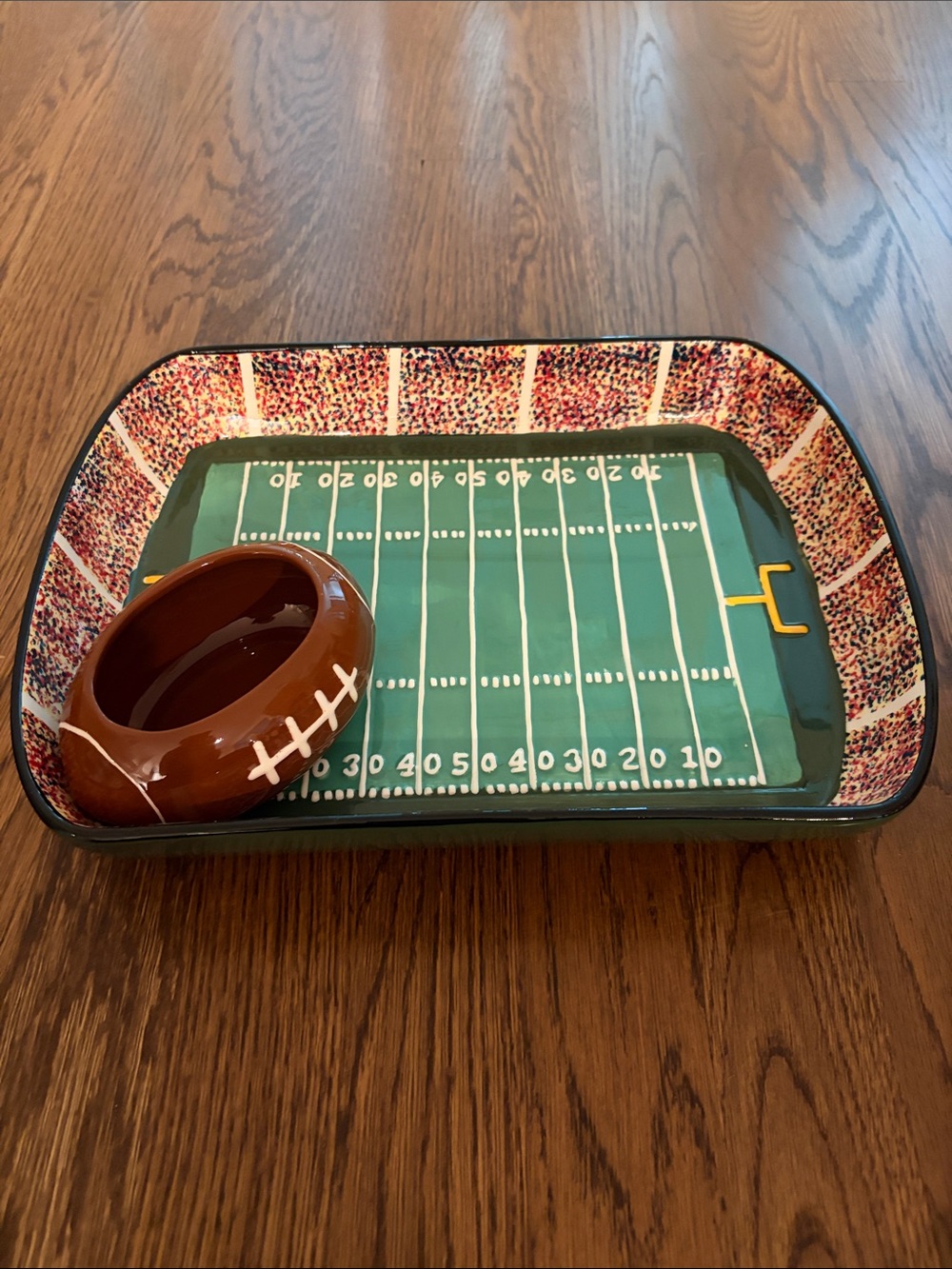 Football Field Ceramic Snack Tray and Football Dip Bowl - Green/Brown
